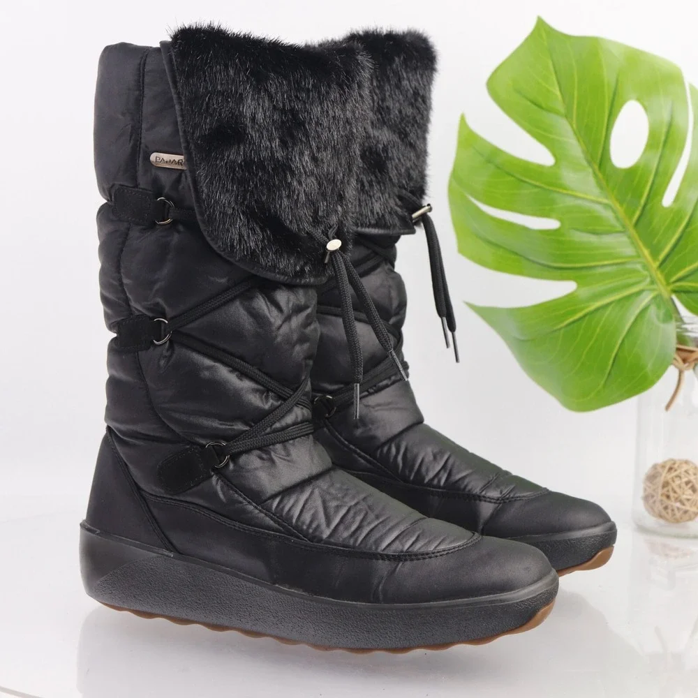 Pajar Womens Snow Boots Size 41 10 Waterproof Black Nylon Furry Pull On Quilted